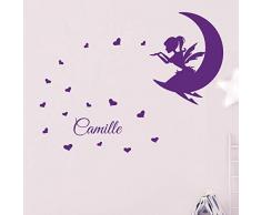 Ambiance Sticker Pegatina con Nombre Personalizado, diseño de Hada en la Luna – Decoración de Pared para habitación Infantil – 2 láminas de 30 x 20 cm y 60 x 25 cm – Morado