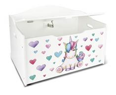 Leomark Caja de Madera Banco Blanco XL con Almacenamiento para Juguetes, Accesorios Baúl de Juguetes Tema: Unicornio