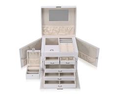 Makika Caja Joyero de Almacenamiento Organizador Joyería Cofre Joyas Aretes Dijes Anillo la Pulsera con Espejo y 2 los Compartimentos Laterales - en Blanco