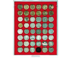 Bandeja de monedas Standard con 48 compartimentos á 30 x 30 mm [Lindner 2148], Con cajón gris, marco transparente y inserto de terciopelo rojo claro