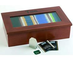 APS - Caja grande para té con 12 compartimentos, aprox. 30 x 28 cm, altura de 9 cm, caja de madera con ventana de acrílico de color rojo y marrón