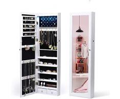 HOUSE DAY Armario para Joyas de 6 Leds Organizador de Joyería con Cerradura con Espejo para Colgar en Pared (Blanco)