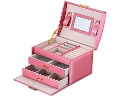DCCN Jewellery Box Estuche De CosméTicos Caja De Almacenamiento De JoyeríA De Cuero De Pu De Tres Capas Con Espejo Y Cerradura, Regalo Para NiñAs O Mujeres (Rosa)