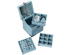 Amasava Mini Joyero Caja de Organizador Terciopelo con 2 Cajones,Viaje Caja de joyería de Doble Capa Apilable, 13 * 13 * 13cm,Azul Retro