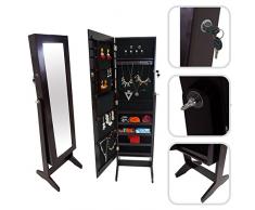 Todeco - Mueble para Joyas con Espejo, Organizador con Espejo - Material: Vidrio - Tamaño del Espejo: 1086 x 255 x 3 mm - 120 x 38 x 9 cm, Marrón, Soporte de Suelo