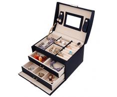 DCCN Jewellery Box Estuche de cosméticos Caja de Almacenamiento de joyería de Cuero de PU de Tres Capas con Espejo y Cerradura, Regalo para niñas o Mujeres(Negro)