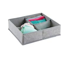 mDesign – Caja organizadora de tela (4 compartimentos) – Precioso organizador para ropa interior y accesorios – Cesta para ordenar cajones y cómodas – Color gris