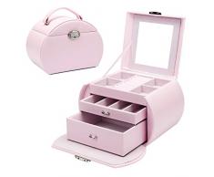 Yorbay Caja de joyeria Caja para Joyas con Espejo y Cajones Estuche de Joyas con Cerradura para Pendientes, Collares, Pulseras, Relojes Rosa