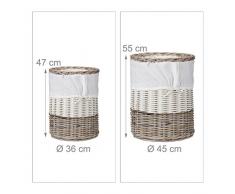 Relaxdays Cesto Ropa Sucia con Tapa Redondo, Junco-Tela, Beige-Blanco, 47 x 36 x 36 cm, 2 Unidades
