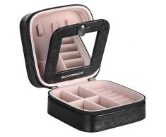 SONGMICS Caja Joyero Pequeña, Uso de Viaje, Doble Cremallera, con Espejo, para Anillos, Aretes, Pendientes, Pulseras, Collares, Negro JBC146BK