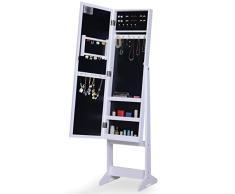 HOMCOM Joyero de Pie con Espejo Armario para Joyas 16 Luces LED Reclinable Guardajoyas Anillos Pendientes Collares Madera 36x30x136cm Blanco