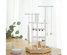 SONGMICS Soporte de Joyas, Expositor de Joyas, Árbol para Joyas de Metal y Madera, para Collares, Pulseras, Pendientes, Anillos, Regalo para Mujeres, Blanco, JJS03NW