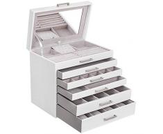 SONGMICS Joyero, Caja de Joyas, Grande con 6 Niveles, con Espejo, para Pendientes, Collares, Pulseras, Relojes, Gafas, Blanco JBC138