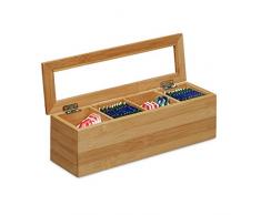 Relaxdays Caja para té e infusiones, Cuatro Compartimentos, Estrecho, Ventana de plástico, Pequeño, Rectangular, Marrón, 9 x 30 x 9 cm, Madera