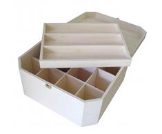 Caja madera natural. Hexagonal. Con departamentos interiores. Para pintar. 26.5 * 23 * 13.5 cms