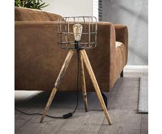 SalesFever – Lámpara de pie con 1 foco con cesta de metal y trípode de madera, lámpara industrial abierta con estructura de 3 patas, 44 x 68 cm, clase energética A++ hasta E