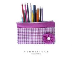 Estuche fieltro morado y tela de cuadros. Bolsa maquillaje morada. Estuche escolar