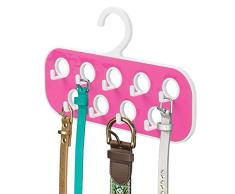 mDesign Percha para cinturones con 9 ganchos y 9 orificios – Organizador de armario para complementos – Útil como corbatero o como colgador de pañuelos y bisutería – Blanco/rosa fucsia