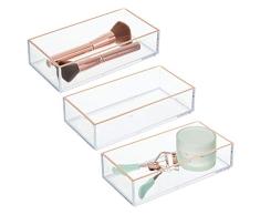mDesign Juego de 3 Cajas organizadoras de cosméticos – Práctico Organizador de Maquillaje para pintalabios, pintaúñas y demás – Cajas rectangulares para baño o Dormitorio – Transparente/Dorado Rojizo