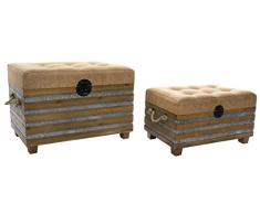 DRW Set de 2 Baúles de PU y Madera en Marrón Envejecido 70x41x47cm