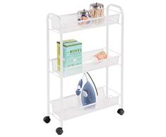 mDesign Estantería con Ruedas para lavadero – Compacto Mueble Auxiliar para Guardar detergente, quitamanchas, etc. – Práctico Carro de lavandería en Metal con Tres estantes Estrechos – Blanco