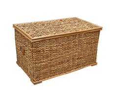 Baúl de mimbre, cesta de almacenamiento forrada, ratán rústico natural - 69 x 40 x 39 cm