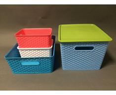 CUPWENH Canasta De Almacenamiento Grande Con Tapa Rattan Rattan Cesta De Almacenamiento Almacenamiento De Plásticos Cesta Cesta De Almacenamiento,Rojo, Azul, Verde, Arroz Blanco, 35,5*29,5*22,3