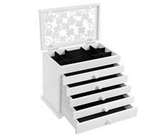 SONGMICS Caja joyero de Madera, con Tapa Tallada, Organizador para Bisuterías, Joyas con 5 cajones, Blanco JBC55W