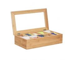 Relaxdays Caja para té e infusiones, 10 Compartimentos, Grande, Multi-usos, Sostenible, Transparente, Bambú, Marrón