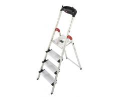 Hailo XXL - Escalera doméstica de aluminio, peldaños extra anchos, bandeja multifuncional, gancho para cubo y pinza para cable (4 peldaños)