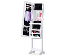 HOMCOM Joyero de Pie con Espejo Armario para Joyas Luces LED Reclinable Guardajoyas Anillos Pendientes Collares Madera 30x36x146cm Blanco