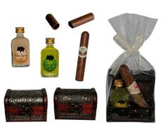 Lote de 7 Baúles de Madera Clásico con Botellas de licor Mini (a Elegir) y Puros de Chocolate en Bolsa de Celofán (9,5 x 6,5 cm.)(8 cm. - 5 cl.) (Arroz con Leche)