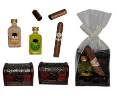 Lote de 7 Baúles de Madera Clásico con Botellas de licor Mini y Puros de Chocolate en Bolsa de Celofán (9,5 x 6,5 cm.)(8 cm. - 5 cl.)