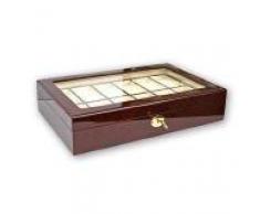 SAFE - N.º 260 - Caja para Relojes - Apecto de Madera Lacada Brillante - Caja para Relojes y Joyas - con 12 Espacios Color Crema Extraíbles - 12 Soportes para Relojes/Joyas /Cadenas - Tapa Transparente - Se puede cerrar con 1 Cerradura