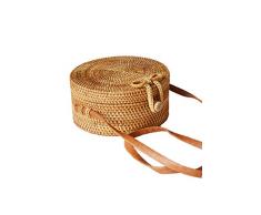 Howoo Redondo Bolso de la cesta de ratán, Bolso de paja de círculo, Bolso hecho a mano, Bolso de la armadura, Bolso tejido a mano, Bolsa de hombro, Bolso crossbody para mujeres / niñas marrón