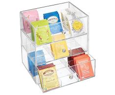 mDesign Organizador de cocina con 3 cajones de plástico – Mini cajonera para infusiones, bolsas de té, sobres de café, azúcar, etc. – Caja de té en plástico – transparente