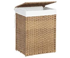SONGMICS 90L Cesta de la Ropa, Tejida a Mano, Cesta de la Colada de Ratán Sintético con Tapa y Asas, Plegable, Bolsa con Forro Extraíble, Natural LCB51NL