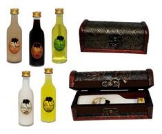 Lote de 10 Botellas de Licores Sol (Sabores a Elegir) en Baúles de Madera Clásicos Rectangulares. Detalles de Bodas y Eventos. (12 cm. - 5 cl.)(14 x 6 cm.) (Hierbas)