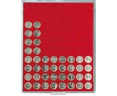 Bandeja de monedas Standard con 80 compartimentos á 23,5 mm Ø para monedas sueltas [Lindner 2108], Con cajón gris, marco transparente y inserto de terciopelo rojo claro