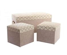 Set de 3 Baúles de Poliéster y Madera con Dibujo Étnico en Beige y Marrón 80x40x45cm