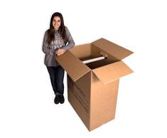 Pack 5 Cajas de Cartón (Caja Armario) 750x450x1000mm. Incluye soporte para perchas de plástico. Con impresión Cajadecarton.es