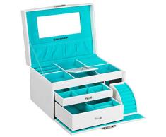 SONGMICS Caja Joyero, Organizador para Anillos, Pendientes y Bisutería, con Espejo y 2 Cajones, PU, 26 x 19 x 18 cm, Blanco JBC211W