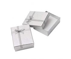 Cajas de Regalo Joyeria (Pack de 12) - (8,5x6,5x2,5cm) Cajas de Regalo con Inserto Espuma - Caja de Regalo de Presentación con Diseño de Lazo y Cinta para Collares y Pulseras (Plateado)