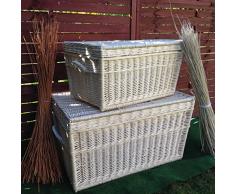Dos Blanco cesta Baúles, mimbre de 80 cm y 60 cm, cesta, cesta de baúl, White Wicker Chest Set, Wicker Trunk