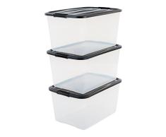 Iris Ohyama Europe Caja de Almacenamiento x 3, Caja de almacenaje, Caja con Asas, Caja plastico Transparente, Caja con Tapa, Caja organizadora, Caja apilable 45 litros - 45 litros