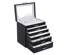 SONGMICS Caja Joyero Grande de 6 Niveles con Espejo, para Pendientes, Collares, Pulseras, Relojes y Gafas, Negro JBC138B