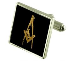 Caja de plata maciza grabada con Junior Masónica Diácono gemelos Square