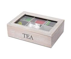 Caja para té con ventana y 6 compartimentos, 24 x 17 x 7 cm, color natural y blanco