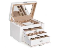 SONGMICS Caja joyero PU Organizador para aretes anillos relojes pendientes con espejo 3 cajones bandejas laterales 29,5 x 21,8 x 19,5 cm, Blanco JBC04W