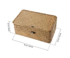 Vosarea cesta de almacenamiento de ratán cesta de algas marinas de paja cesta de almacenamiento tejida a mano contenedor multipropósito con tapa para la decoración del hogar de escritorio